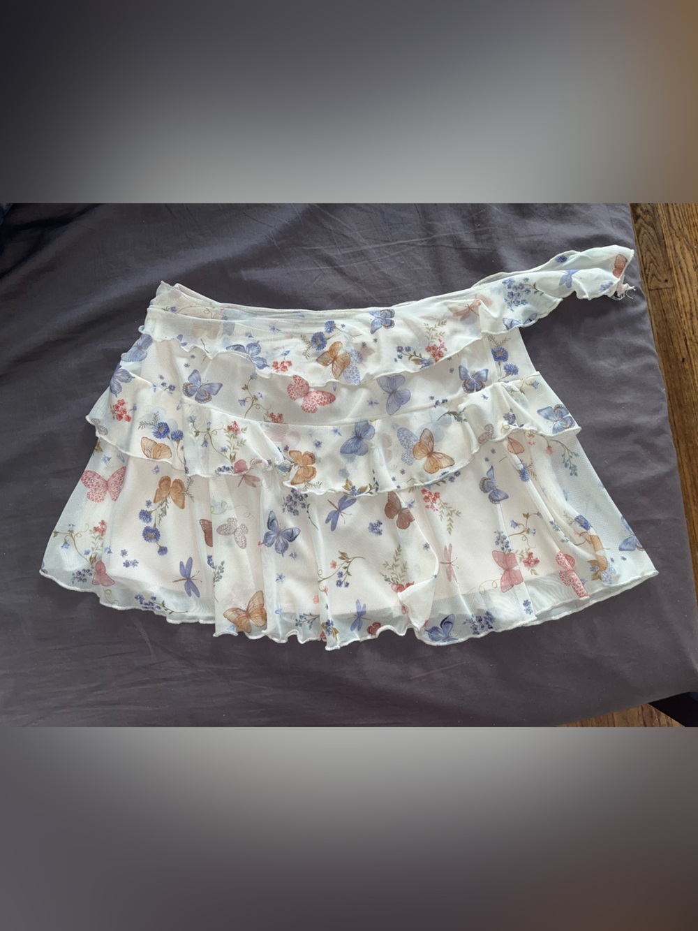 See You Monday White Butterfly Print Ruffled Mini Skirt